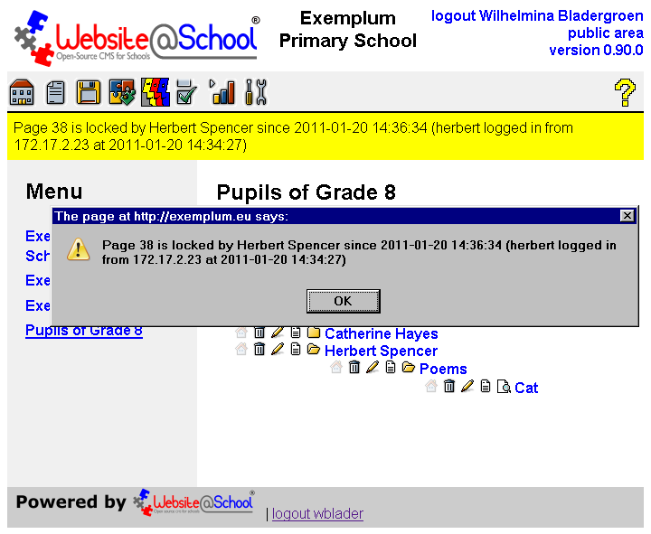 [ Pupils of Grade 8, pop up window: page locked, Message=page locked by username since date/time ]