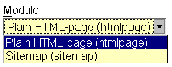 [ Module menu, 'Plain HTML-page (htmlpage)' selected ]