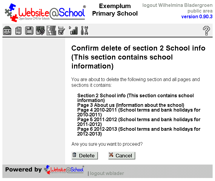 [  Confirm delete of section n Section name (Description), list of pages ]